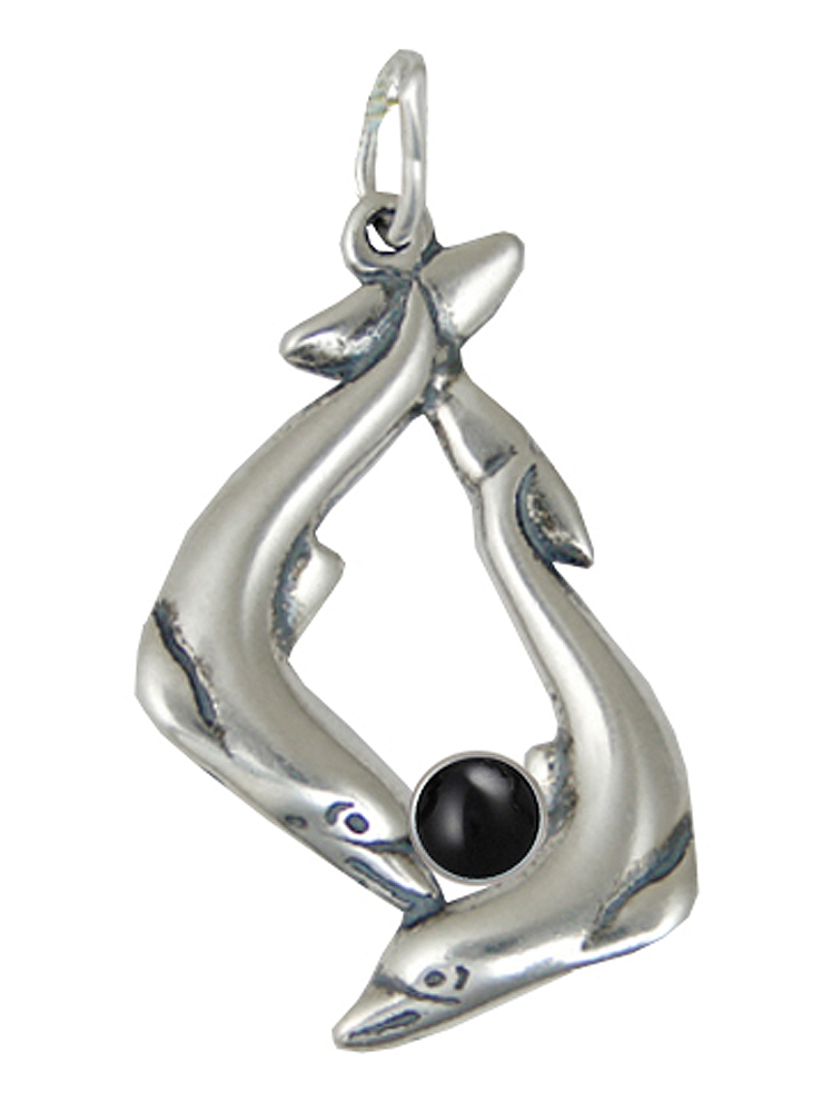 Sterling Silver Dolphins Pendant With Black Onyx
